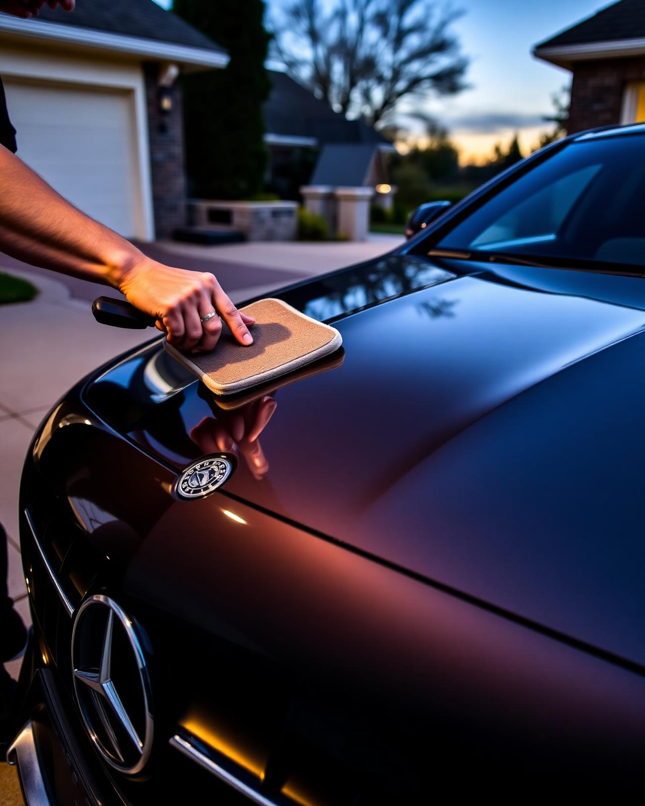 Detailer applying graphene coating to the bonnet of a Mercedes at a customer's home
